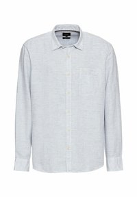 Hellblaues Hemd mit knöpfen und feinem Streifenmuster, langen Ärmeln und einer linken Brusttasche. Verfügt über gelbe Knöpfe und einen Kragen.
