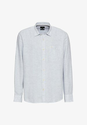 Hellblaues Hemd mit knöpfen und feinem Streifenmuster, langen Ärmeln und einer linken Brusttasche. Verfügt über gelbe Knöpfe und einen Kragen.