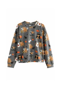Sweatshirt gris avec des motifs d'animaux ludiques et des thèmes d'Halloween, y compris des vaches Highland, des citrouilles et des chauves-souris. Texture douce avec des poignets élastiques.