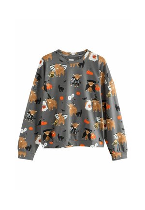 Siv sweatshirt z igrivimi vzorci živali in tematikami noči čarovnic, vključno z viskijskimi kravami, bučami in netopirji. Mehak material z elastičnimi manšetami.