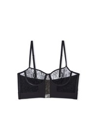 Schwarze Spitzen-Bralette mit durchsichtigen Netzpaneelen, vorgeformten Cups, verstellbaren Trägern und strukturierten Stoffakzenten, die ein gestuftes Design schaffen.