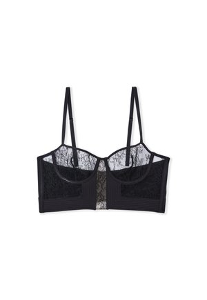 Bralette in pizzo nero con pannelli in rete trasparente, coppe moldabili, spalline regolabili e dettagli in tessuto testurizzato, che creano un design a strati.