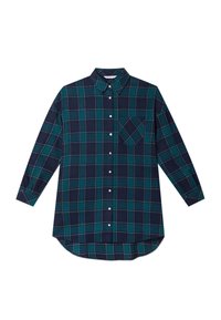 Långärmad rutig skjorta i marinblå och grön, med krage som kan knäppas ner, framficka och rundad nederkant. Tillverkad av mjukt tyg.