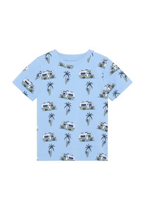Hellblaues kurzärmeliges T-Shirt mit einem Muster aus Wohnmobilen und Palmen. Hergestellt aus weichem Material mit klassischem Rundhalsausschnitt.