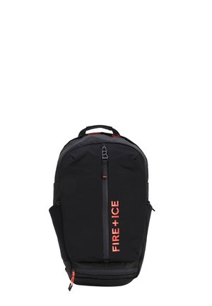 Black backpack with red "FIRE + ICE" logo, featuring a sleek design, smooth fabric, zippered compartments, and side mesh pockets.