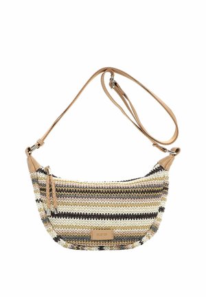 Small woven crossbody bag with horizontal beige, brown, and black stripes, braided tassel zipper pull, and adjustable tan strap.