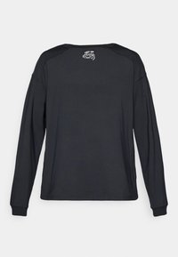 Long-sleeve black shirt with a soft, smooth texture. Features a crew neck and stitching accents on the shoulders, with a logo at the back.