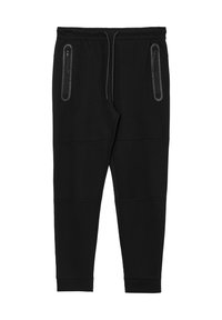 Schwarze Jogginghose aus Baumwollmischgewebe, mit elastischem Taillenbund, verstellbarem Kordelzug und zwei mit Reißverschluss versehenen Seitentaschen.