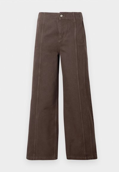 Brown wide-leg trousers made of smooth fabric, featuring front panel seams and a single metal button closure at the waistband.