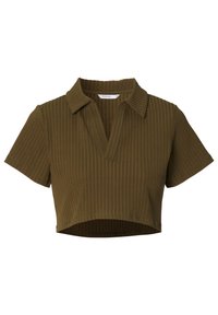 Korte mouw cropped polo shirt in olijfgroen met een geribbelde textuur en een diepe V-hals.