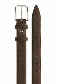 Brun mockaskärp med en silverfärgad metallspänne. Har en slät yta, kontrasterande sömmar och flera hål för justerbar passform.