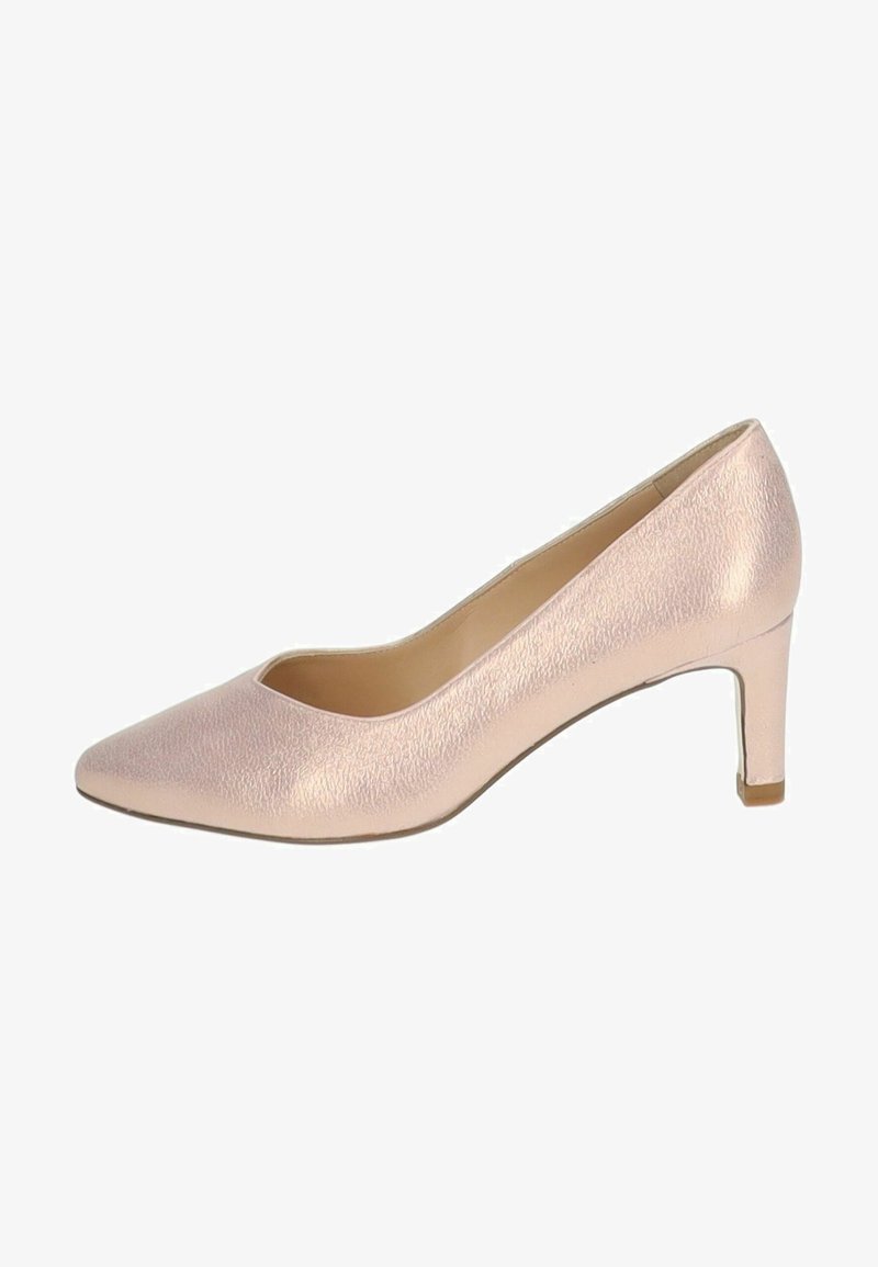 Pointed-toe pump made of textured light pink material. Features a low, cylindrical heel and a v-shaped vamp for a sleek design.