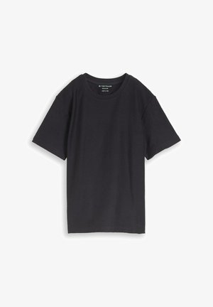 Czarny T-shirt z krótkim rękawem i okrągłym dekoltem, w regularnym kroju, rozmiar S/140, z metką marki Tom Tailor na wewnętrznej stronie kołnierza.