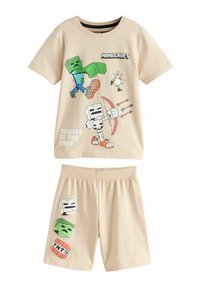 Kinderen beige Minecraft-thema pyjama set met een T-shirt met korte mouwen met graphic prints en bijpassende shorts met karakterontwerpen.