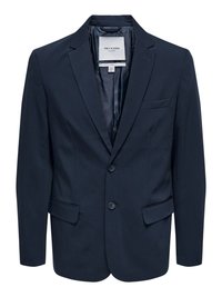 Marinblå skräddarsydd blazer i ett mjukt tyg, med en enknäppt design, notched lapeller, två framfickor och en bröstficka.