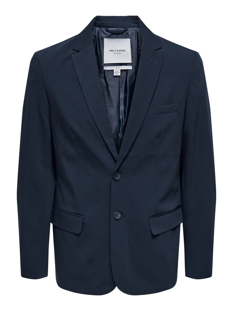 Blazer sartoriale blu navy realizzato in tessuto liscio, con design a un solo petto, rever a scensione, due tasche frontali e una tasca sul petto.