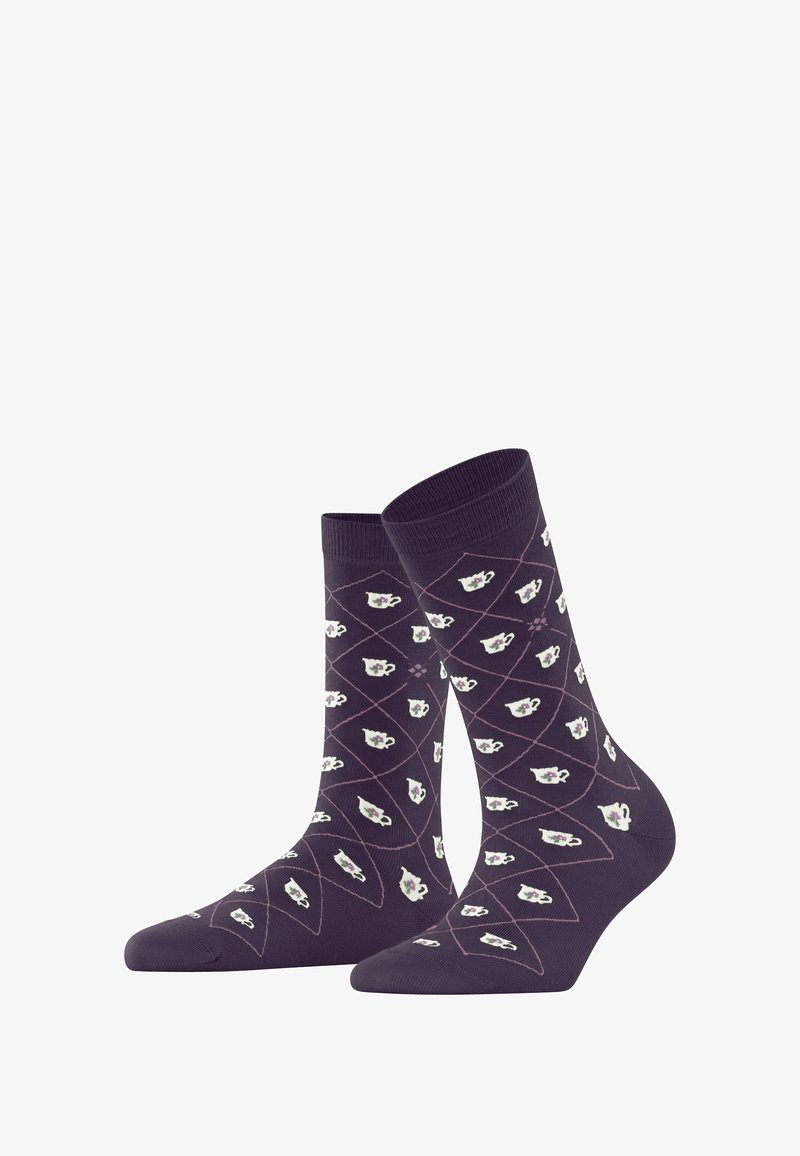 Chaussettes en coton violettes ornées d'un motif de tasses de thé répété, entourées de formes de diamant, avec une bordure côtelée et une texture lisse.