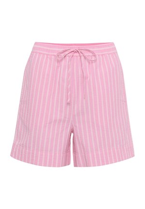Lyserøde stribede shorts lavet af letvægtsmateriale, med elastisk talje og snor samt sidelommer.