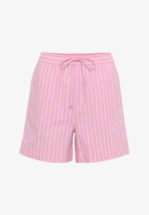 Ružové pruhované šortky vyrobené z ľahkého materiálu, s elastickým pásom a šnúrkou na stiahnutie a bočnými vreckami.