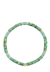 Turquoise bead bracelet featuring cylindrical and square beads with gold spacer beads. Various shades of turquoise with natural textures.
