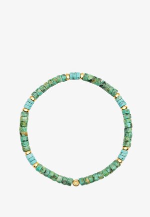 Turquoise bead bracelet featuring cylindrical and square beads with gold spacer beads. Various shades of turquoise with natural textures.
