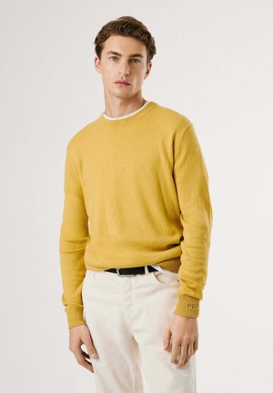 Gelber Strickpullover mit Rundhalsausschnitt und langen Ärmeln, kombiniert mit cremefarbenen Hosen. Der Pullover hat einen gerippten Saum und ein Logodetail am Ärmel.