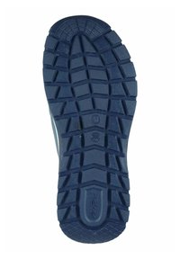 Navy rubber shoe sole with textured surface, featuring a tread pattern for grip, including a stamped logo detail in the center.