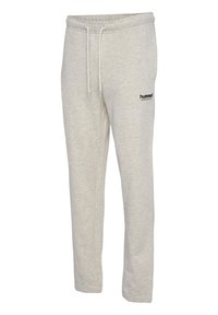 Pantalon de survêtement gris clair avec taille élastique et cordons, avec un petit logo noir "hummel SPORTSWEAR" sur la cuisse droite.