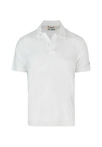 Polo shirt bianca in tessuto liscio, con colletto classico e maniche corte. Include un piccolo logo sulla manica sinistra.