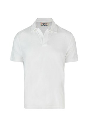 Polo shirt bianca in tessuto liscio, con colletto classico e maniche corte. Include un piccolo logo sulla manica sinistra.