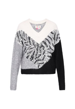 Pulover scurt cu decolteu în V, în culorile alb, gri și negru. Prezintă un model diagonal de paiete pe materialul gri. Textură tricotată moale, mâneci lungi.