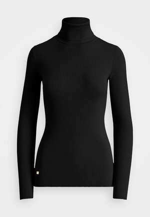 Schwarzer gerippter Rollkragenpullover mit langen Ärmeln, enganliegendem Design und kleinem goldenen Akzentlogo am Saum. Weiches, strukturiertes Material.
