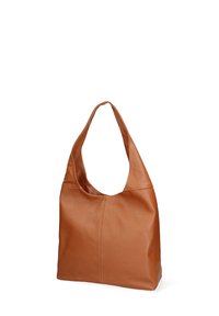 Borsa hobo in pelle marrone con un manico largo e curvato e una finitura morbida e testurizzata. Presenta una costruzione senza cuciture e un design aperto e spazioso.