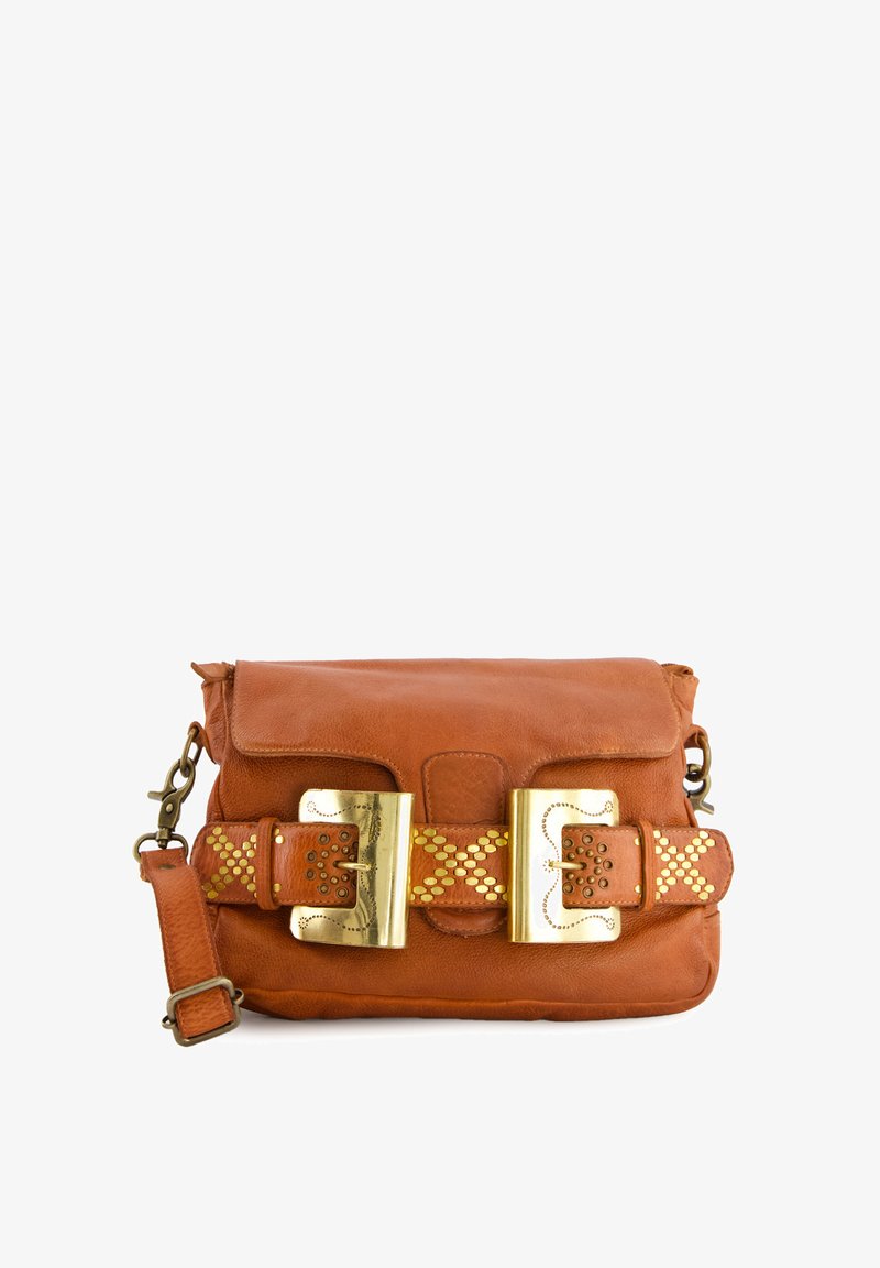 Brown leather handbag with a flap closure, featuring a decorative gold buckle and studded accents on the strap. Rectangular shape.