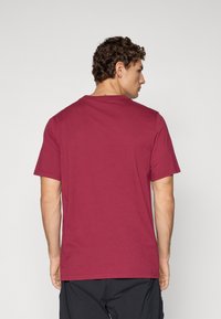 Man with curly hair facing away wearing a plain short-sleeve maroon T-shirt and black pants against a plain background.