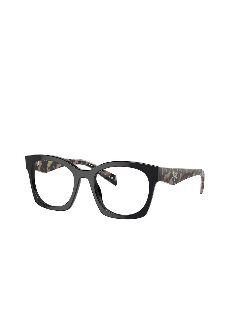 Occhiali rettangolari neri con montature spesse, caratterizzati da aste con motivo testurizzato marrone e nero. Lenti trasparenti con finitura leggermente lucida.