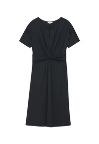 Robe noire à manches courtes, décolleté rond, détail de noeud froncé à l'avant et une silhouette évasée fluide. Texture de tissu douce.