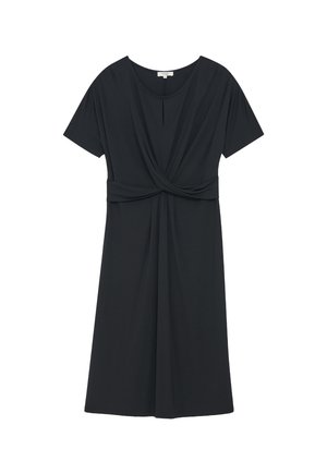 Schwarzes Kleid mit kurzen Ärmeln, rundem Ausschnitt, gerafftem Vorderknoten-Detail und fließender A-Linie. Weicher Stoff.