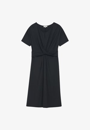 Schwarzes Kleid mit kurzen Ärmeln, rundem Ausschnitt, gerafftem Vorderknoten-Detail und fließender A-Linie. Weicher Stoff.