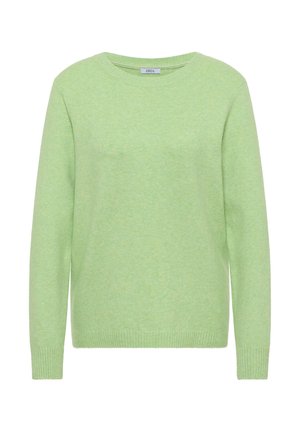 Maglione verde lavorato a maglia con scollo tondo, maniche lunghe e polsini e orlo a coste. Tessuto morbido, leggermente testurizzato con un aspetto screziato.