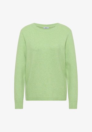 Maglione verde lavorato a maglia con scollo tondo, maniche lunghe e polsini e orlo a coste. Tessuto morbido, leggermente testurizzato con un aspetto screziato.