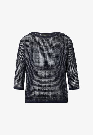 Navy blue, short-sleeve knitted sweater with a textured open weave pattern, round neckline, and ribbed hem and cuffs.