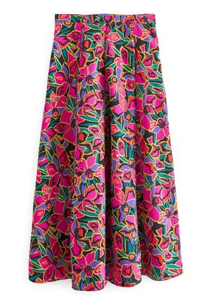 Jupe midi à motifs floraux éclatants avec des couleurs rose, violet, vert et noir et un design plissé.