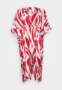 Rdeča in bela vzorčasta kaftan z V-izrezom, kratkimi rokavi in elastičnim pasom. Lahkoten material z tekočim dizajnom.
