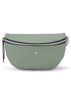 Petit sac banane vert clair avec une fermeture éclair argentée sur le dessus et un petit logo argenté au centre devant.