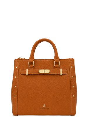 Borsa a mano in pelle marrone con due manici, chiusura in metallo e dettagli con rivetti dorati sui lati, logo L'Atelier Du Sac in basso al centro.
