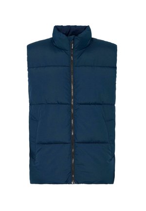 Modra puffer prsluk s visokim ovratnikom, zatvaranjem na patentni zatvarač i dva prednja džepa. Sadrži kviltane dijelove za izolaciju. Glatka tekstura.