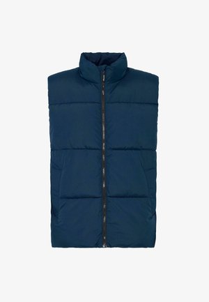Gilet imbottito blu navy con colletto alto, chiusura a zip e due tasche frontali. Presenta sezioni trapuntate per l'isolamento. Texture liscia.