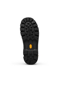 Semelle de chaussure en caoutchouc noir avec un motif de bande de roulement robuste et des crampons prononcés pour la traction. Logo Vibram en jaune au centre.