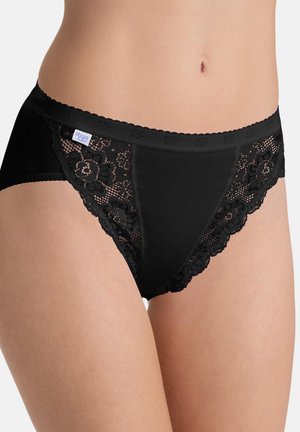 Black lace-trimmed women's bikini underwear with floral patterns, worn on a light skin tone torso against a plain background.